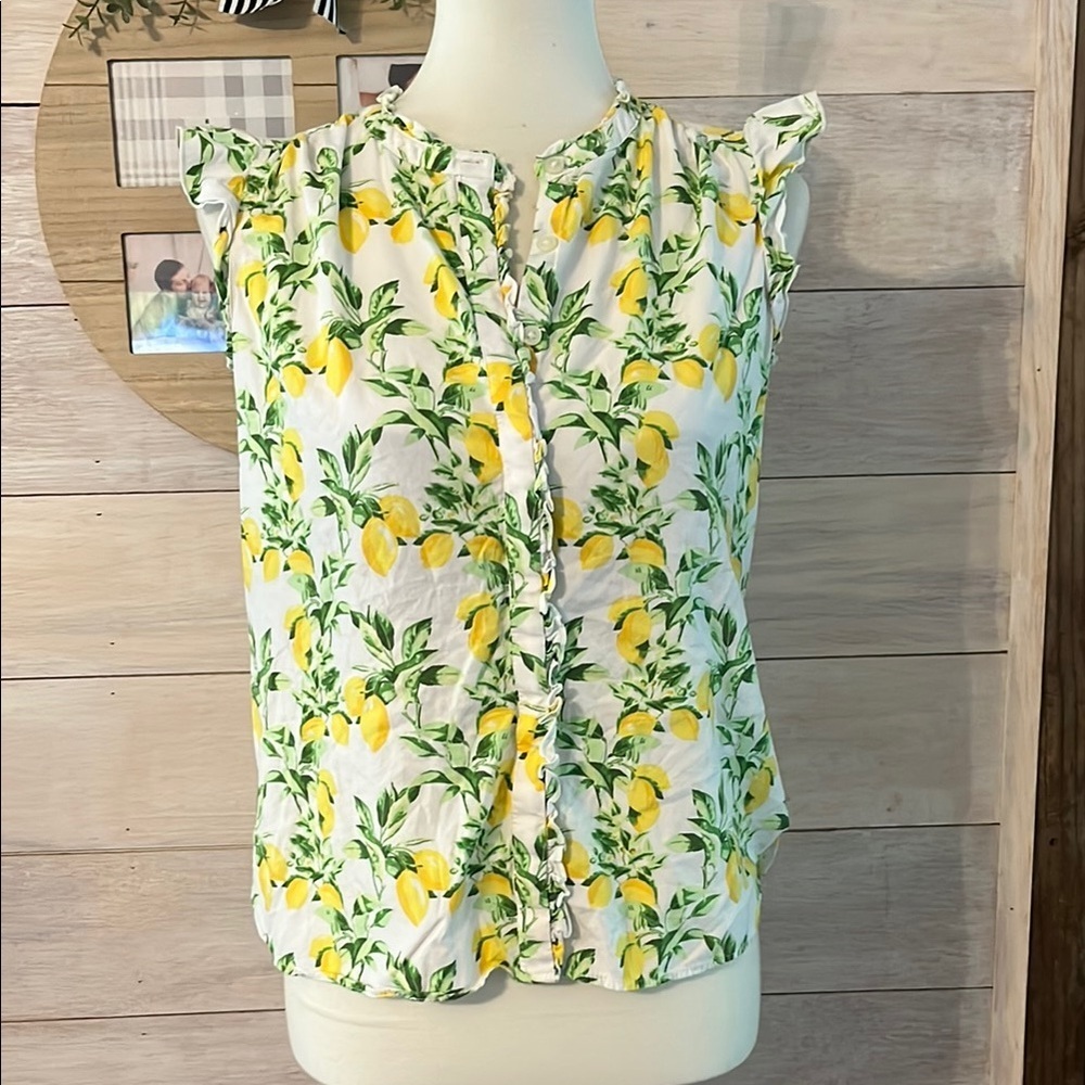 Loft Lemon Print Ruffle Sleeve Top S Petite